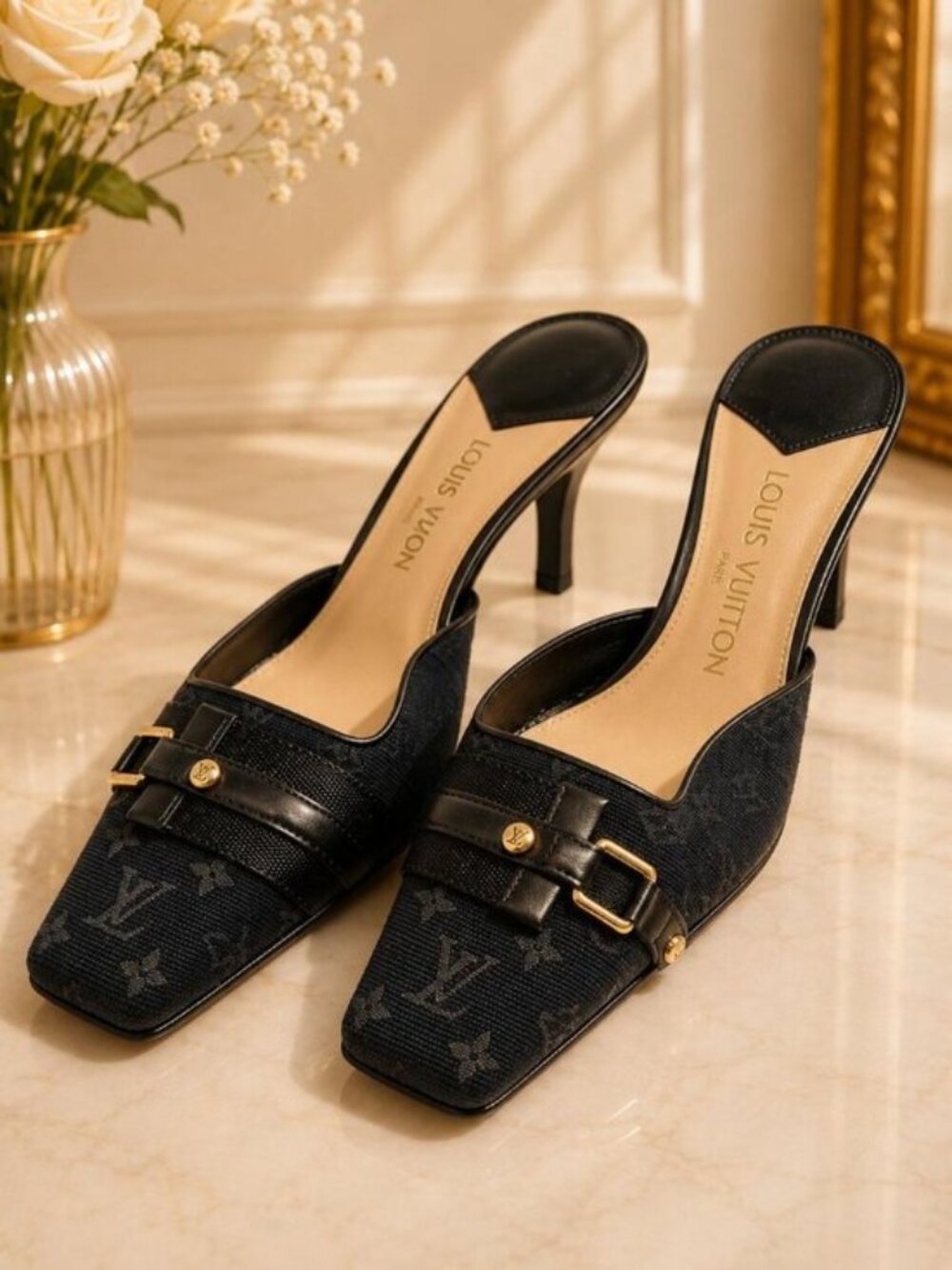 Authentic Louis Vuitton Monogram Satin Mule Heels Black Slip-On Shoes